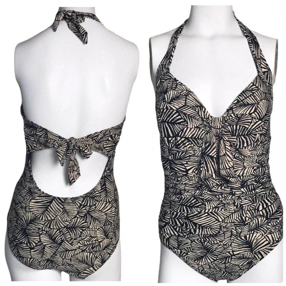 Seafolly Palm Print One‎ Piece Halter Swimsuit 8 Black Tan Tie Back Resort Vacay